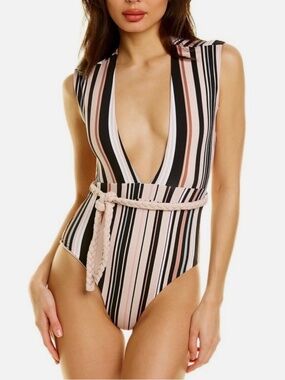 NEW TAGS REVEL REY AVERY ONE PIECE SWIMSUIT STRIPED BELTED PLUNGING SMALL S $195